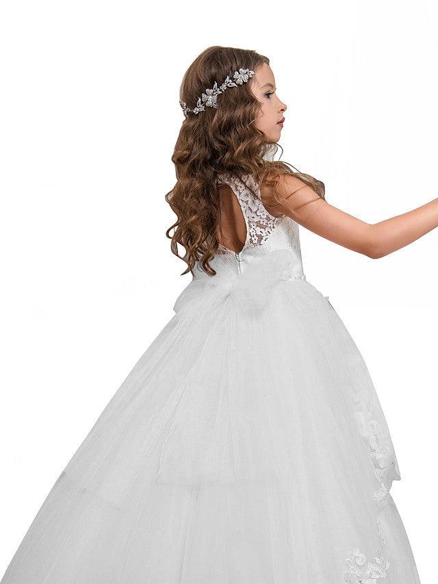 Elegant Lace Tulle Sleeveless Jewel Neck Flower Girl Pageant Dress