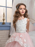 Elegant Lace Tulle Sleeveless Jewel Neck Flower Girl Pageant Dress