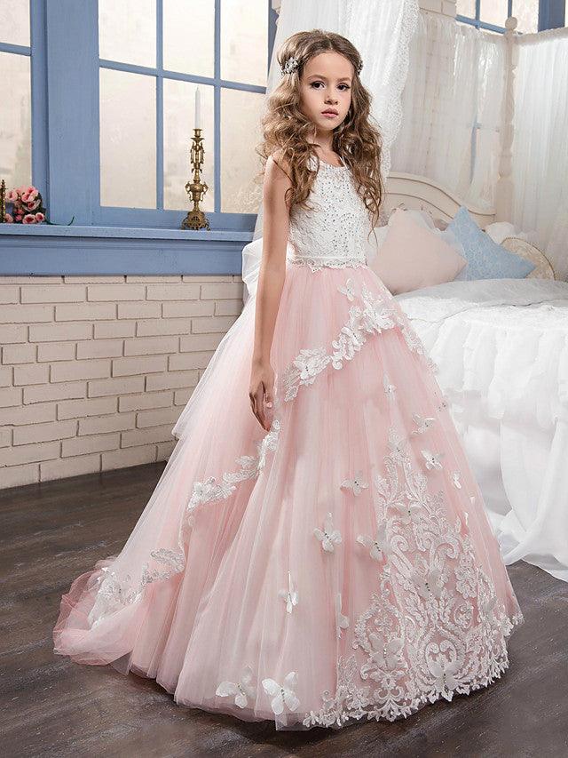 Elegant Lace Tulle Sleeveless Jewel Neck Flower Girl Pageant Dress