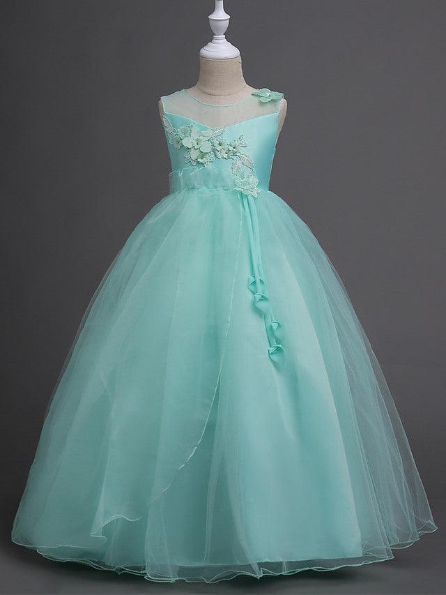 Long Satin Tulle Sleeveless Jewel Neck First Communion Flower Girl Dress