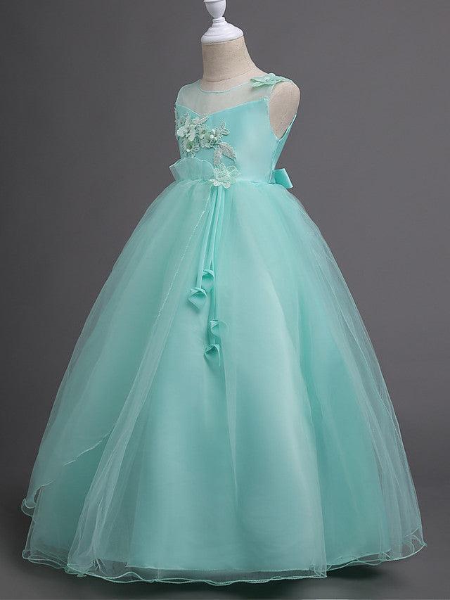 Long Satin Tulle Sleeveless Jewel Neck First Communion Flower Girl Dress