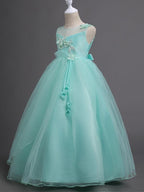 Long Satin Tulle Sleeveless Jewel Neck First Communion Flower Girl Dress