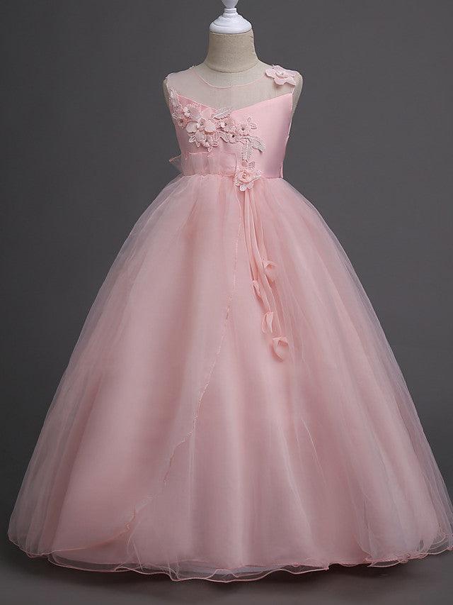 Long Satin Tulle Sleeveless Jewel Neck First Communion Flower Girl Dress