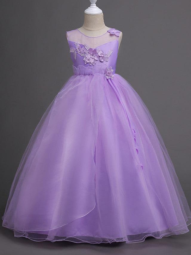 Long Satin Tulle Sleeveless Jewel Neck First Communion Flower Girl Dress