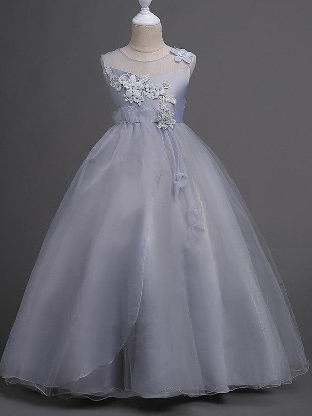 Long Satin Tulle Sleeveless Jewel Neck First Communion Flower Girl Dress