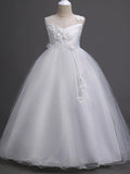 Long Satin Tulle Sleeveless Jewel Neck First Communion Flower Girl Dress