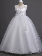 Long Satin Tulle Sleeveless Jewel Neck First Communion Flower Girl Dress