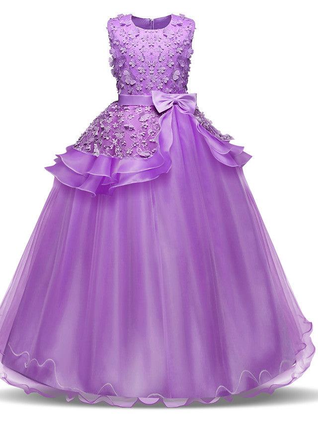 Long Satin Tulle Wedding First Communion Flower Girl Chiffon Dress Appliques - photo 2