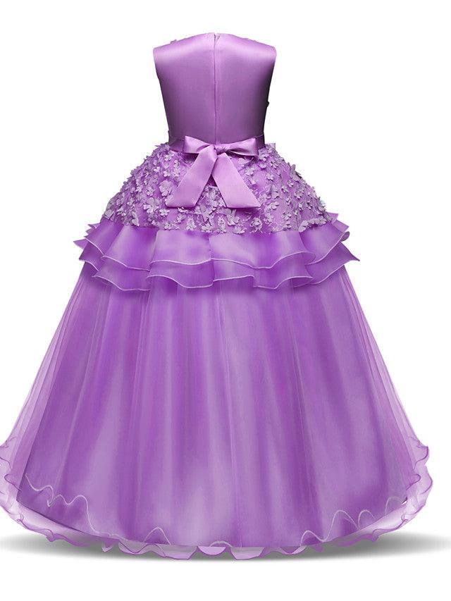 Long Satin Tulle Wedding First Communion Flower Girl Chiffon Dress Appliques
