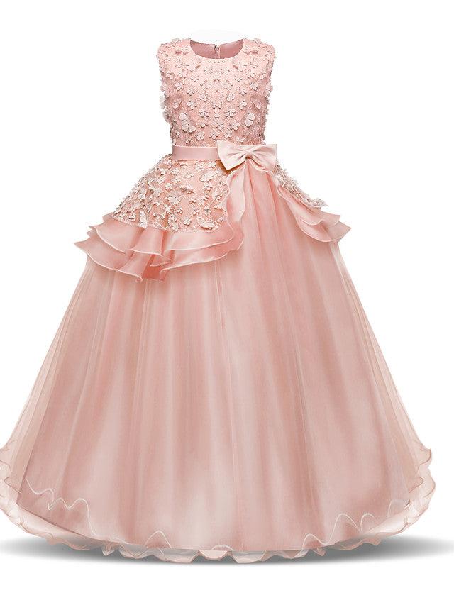 Long Satin Tulle Wedding First Communion Flower Girl Chiffon Dress Appliques - photo 4