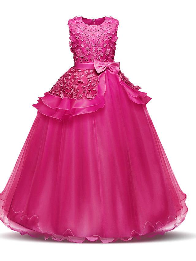 Long Satin Tulle Wedding First Communion Flower Girl Chiffon Dress Appliques