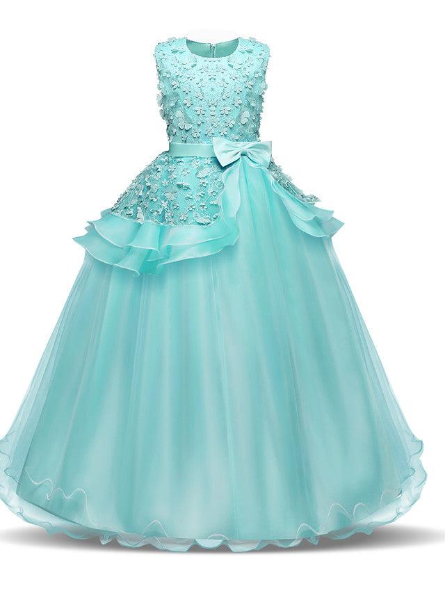 Long Satin Tulle Wedding First Communion Flower Girl Chiffon Dress Appliques
