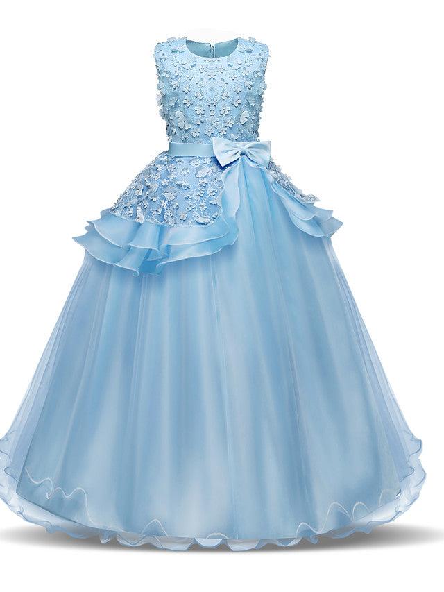 Long Satin Tulle Wedding First Communion Flower Girl Chiffon Dress Appliques