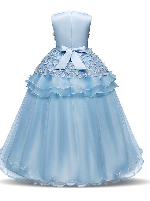 Long Satin Tulle Wedding First Communion Flower Girl Chiffon Dress Appliques