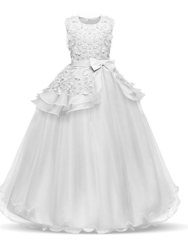Long Satin Tulle Wedding First Communion Flower Girl Chiffon Dress Appliques