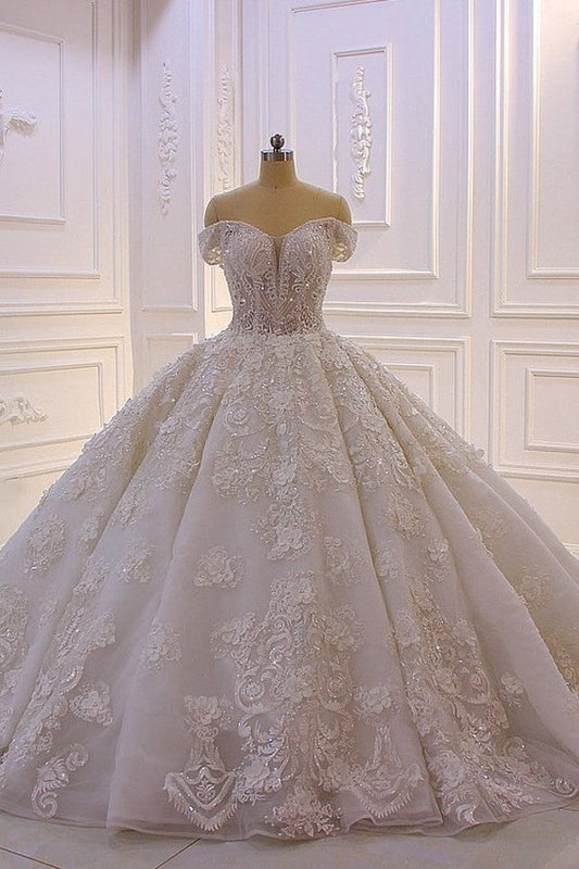 Langes Prinzessin-Brautkleid mit Herzausschnitt, schulterfrei, rückenfrei, Applikationen, Spitze, Rüschen, Tüll