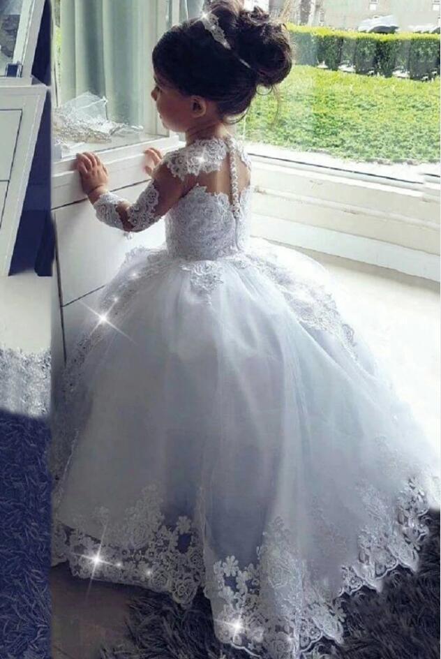 Chic Princess Flower Girl Dress Long Sleeves Tulle Lace Ball Gown