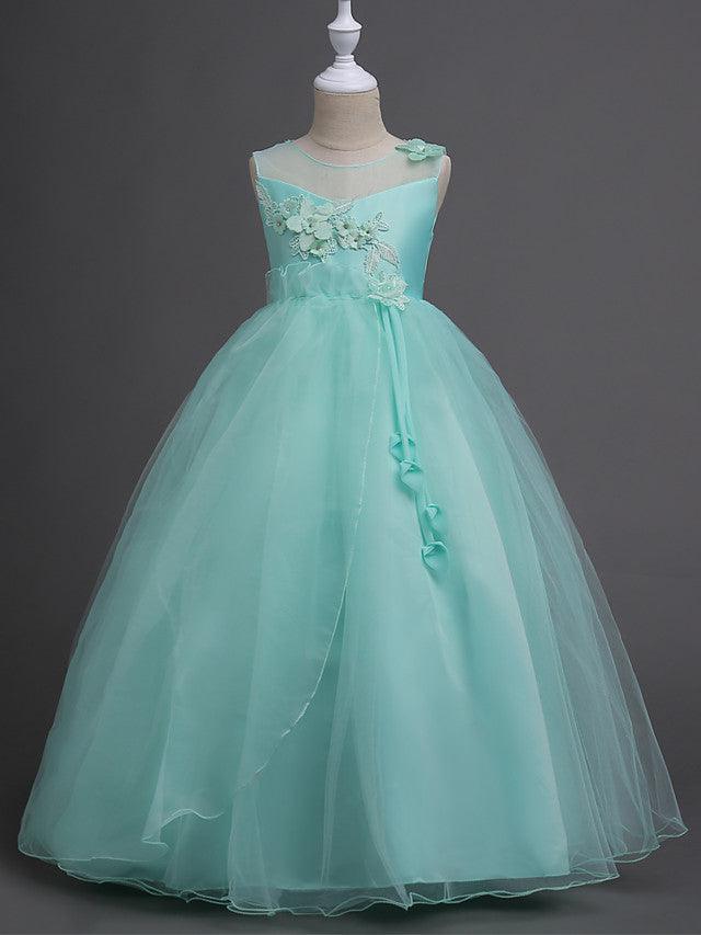Sleeveless Floor Length Tulle Lace Flower Girl Wedding Pageant Dress