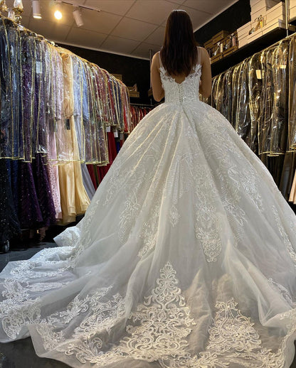 Langes Prinzessin V-Ausschnitt Applikationen Spitze Rückenfreies Brautkleid