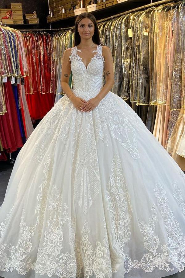 Langes Prinzessin V-Ausschnitt Applikationen Spitze Rückenfreies Brautkleid
