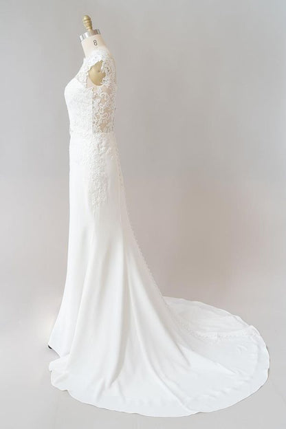 Vestido de novia largo de encaje con ilusión y manga corta