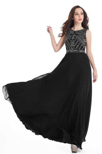 Vestidos de fiesta largos de gasa con cristales, joya y corte entallado hasta el suelo
