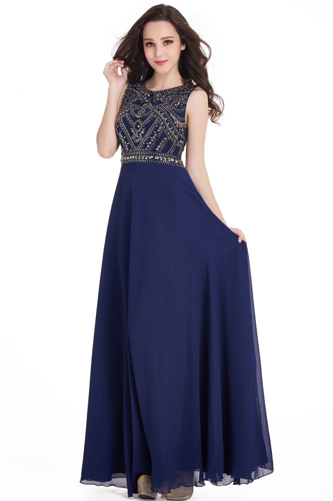 Vestidos de fiesta largos de gasa con cristales, joya y corte entallado hasta el suelo