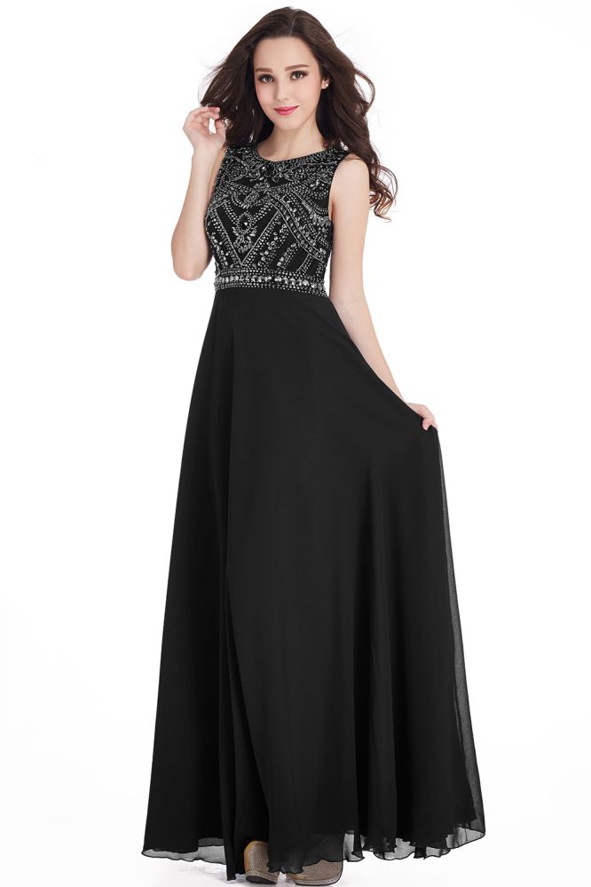 Vestidos de fiesta largos de gasa con cristales, joya y corte entallado hasta el suelo