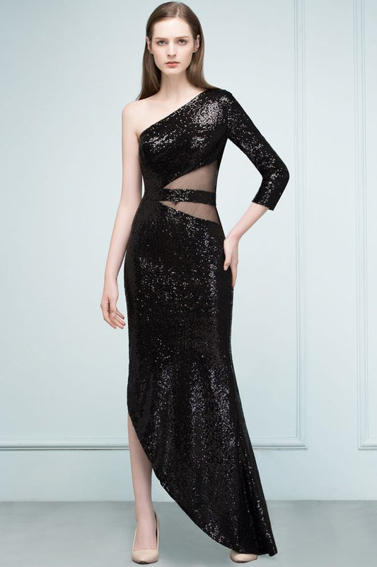 Long Sheath Sequined One-shoulder Prom Dresses with One-sleeve