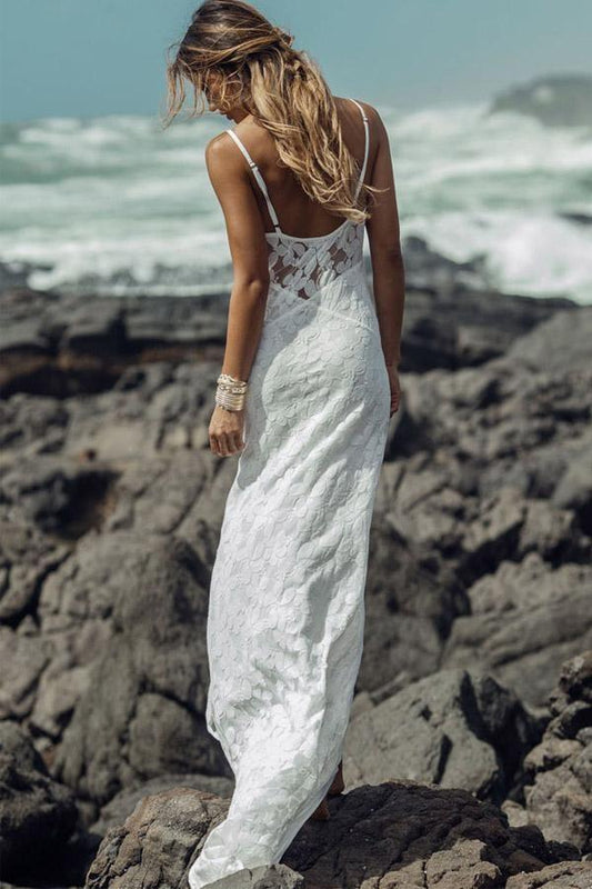 Vestidos de noiva de praia com alças finas e bainha longa WD133