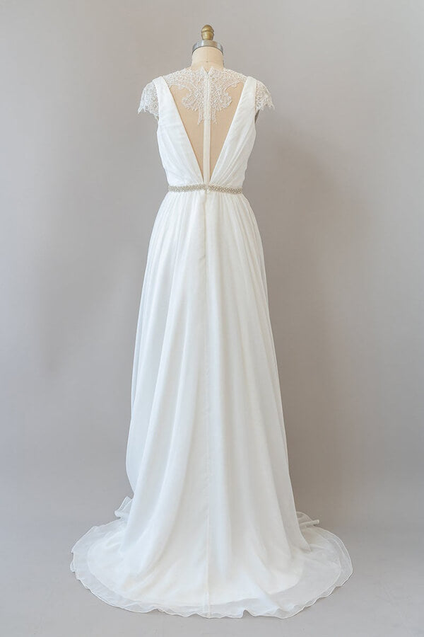 Vestido de novia largo de gasa con escote en V y encaje con mangas cortas