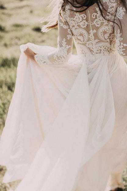 Long Sleeve A-line Appliques Lace Chiffon Wedding Dress