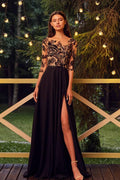 Long Sleeve A-line Bateau Backless Chiffon Prom Dress with Slit