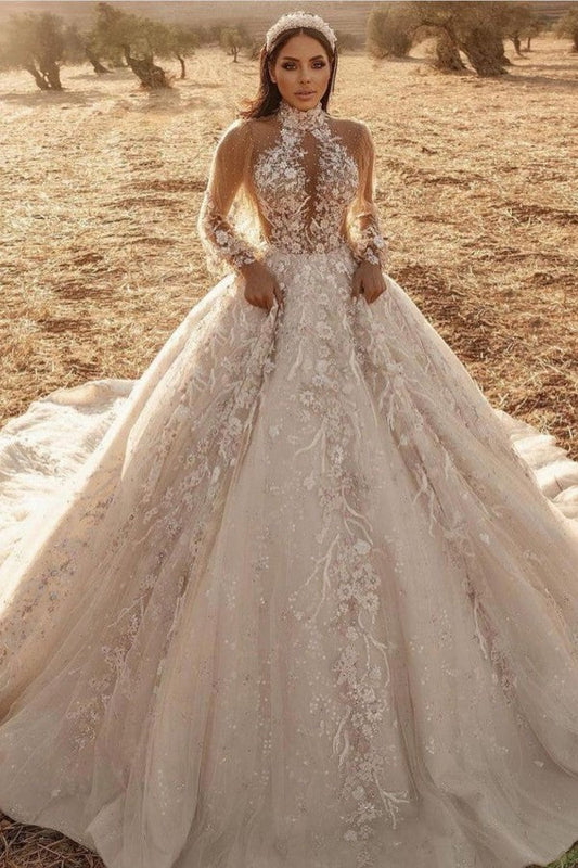Langärmliges A-Linien-Brautkleid mit Stehkragen, Applikationen, Spitze und Tüll