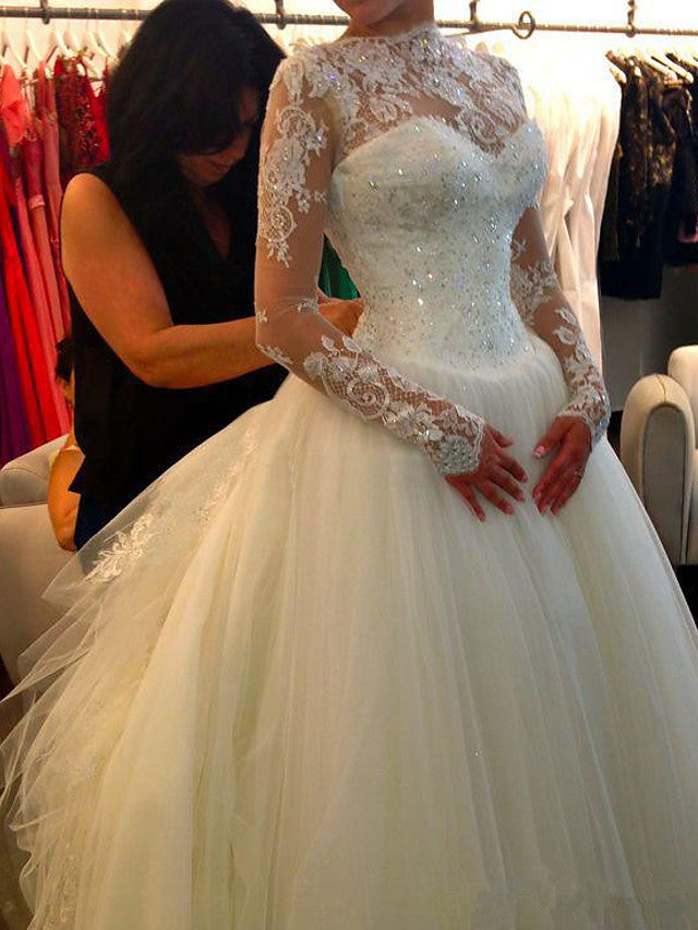 Robes de mariée en dentelle et tulle à manches longues, ligne A, encolure bijou, traîne courte