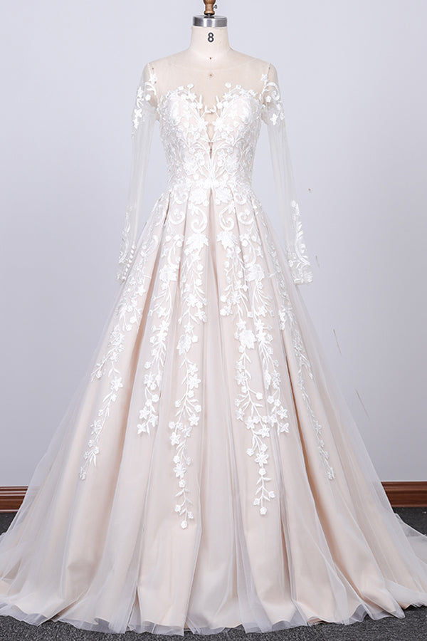 Robe de mariée en tulle à manches longues avec appliques en dentelle et jupe évasée
