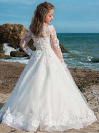 Long Sleeve Jewel Neck Lace Ball Gown Flower Girl Wedding Dress With Appliques