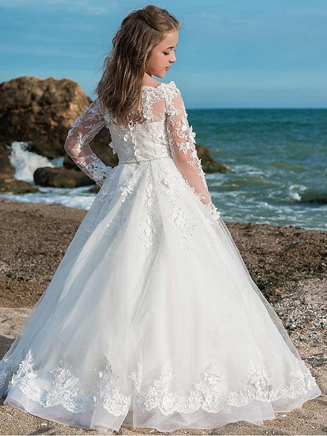 Long Sleeve Jewel Neck Lace Ball Gown Flower Girl Wedding Dress With Appliques