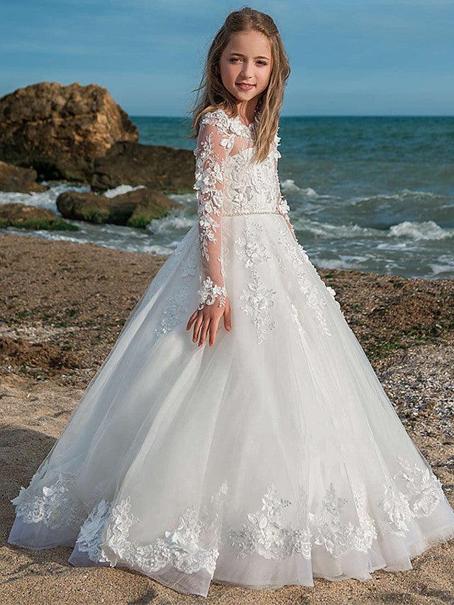Long Sleeve Jewel Neck Lace Ball Gown Flower Girl Wedding Dress With Appliques