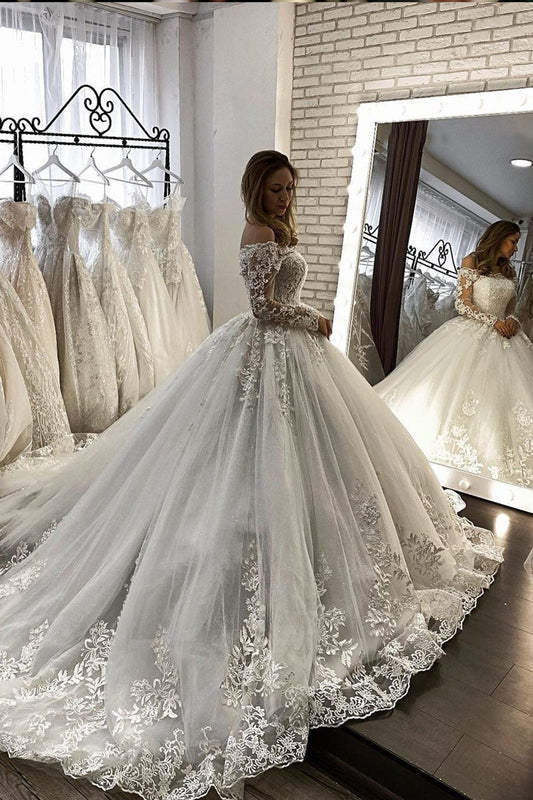 Langärmliges Ballkleid mit schulterfreiem Illusion-Brautkleid