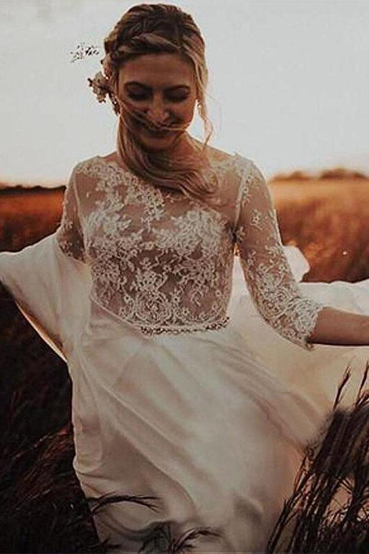 Langärmliges Brautkleid in A-Linie mit durchsichtigem Oberteil und Bateau-Ausschnitt