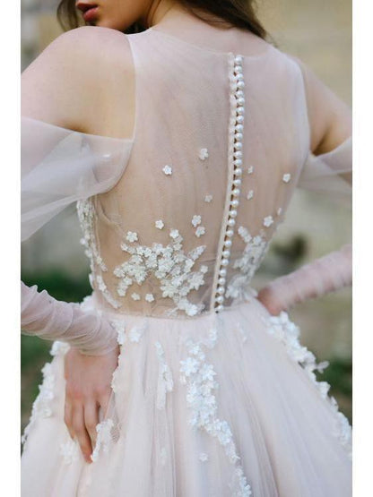 Vestidos de novia de playa de manga larga con hombros descubiertos, estilo bohemio rústico.