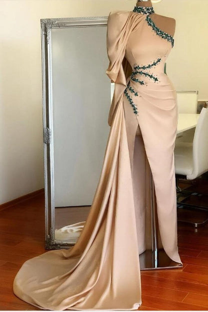Vestido de fiesta de sirena con un solo hombro, cuello alto y manga larga con abertura