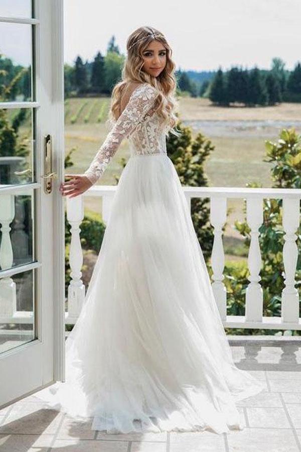 Long Sleeve Ivory Tulle See Through Backless Wedding Dresses