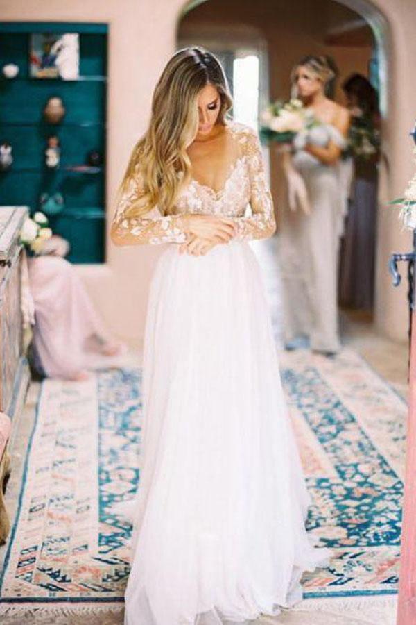 Long Sleeve Ivory Tulle See Through Backless Wedding Dresses