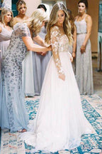 Long Sleeve Ivory Tulle See Through Backless Wedding Dresses