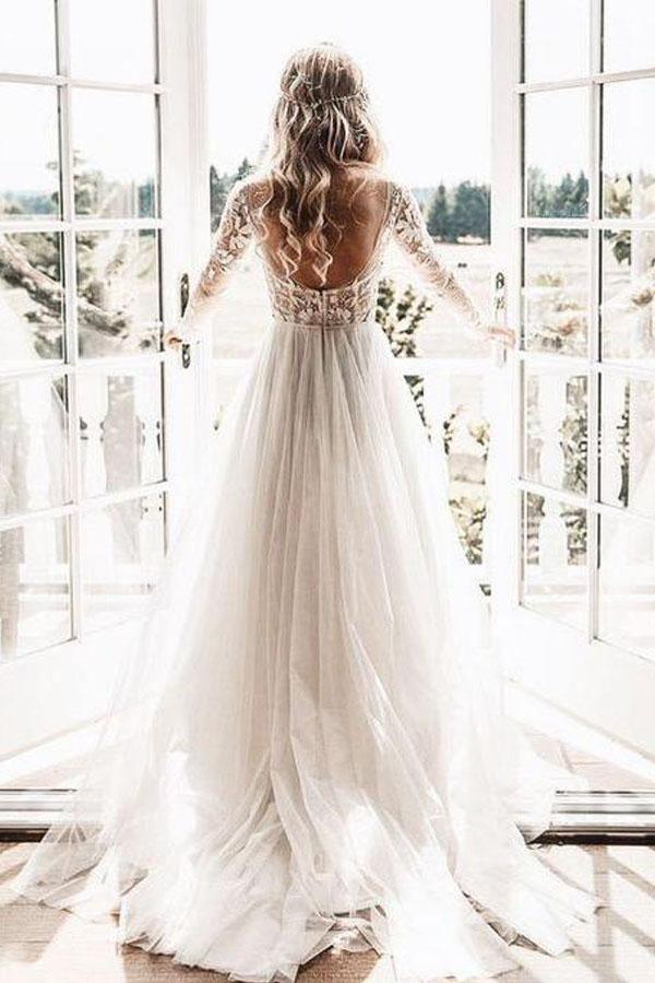 Long Sleeve Ivory Tulle See Through Backless Wedding Dresses