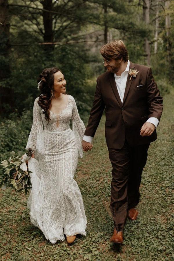 Long Sleeve Lace Wedding Dresses Lace Up Back Beach Wedding Dress