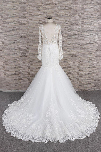 Langarm Meerjungfrau Sweetheart Applikationen Spitze Rückenfreies Brautkleid