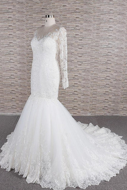 Langarm Meerjungfrau Sweetheart Applikationen Spitze Rückenfreies Brautkleid
